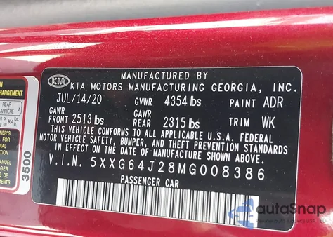 2021 Kia K5 Gt-Line z USA, uszkodzony, nr VIN 5XXG64J28MG008386